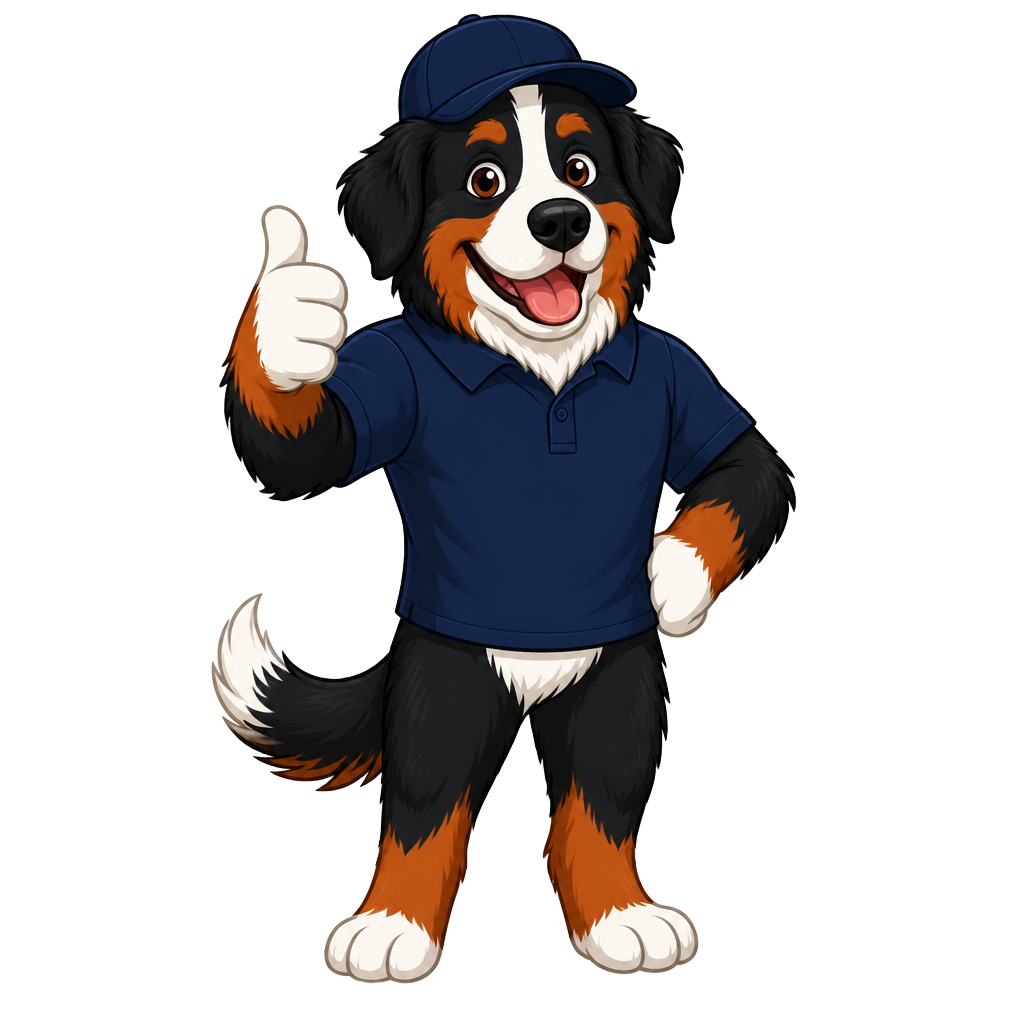 Backyard Butler mascot giving a thumbs up in a clean backyard